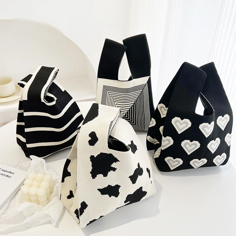 Handmade Knit Handbag Women Mini Knot Wrist Bag Japanese Casual Color Wide Stripe Plaid Tote Bag Student Reusable Shopping Bags enlarge