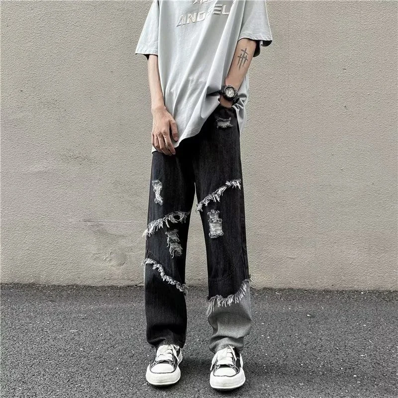 Ripped Black Baggy Jeans Men Fashion Retro Casual Straight Jeans Men Streetwear Hip Hop Loose Hole Denim Pants Mens Trousers