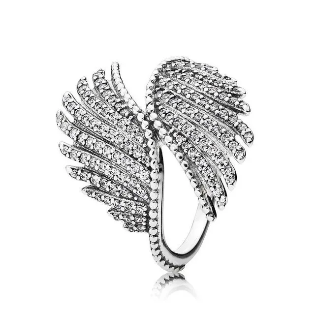 

Authentic 925 Sterling Silver Sparkling Majestic Feathers With Crystal Ring For Women Wedding Party Europe Fashion Jewelry