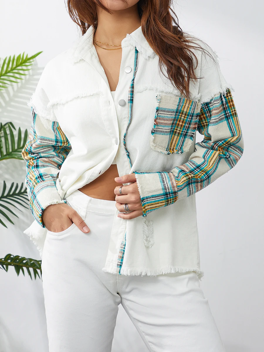 

women denim jacket 2022 Casual Ripped Long Sleeve Lapel Frayed Raw Hem Plaid Cardigan with Pocket harajuku Jackets
