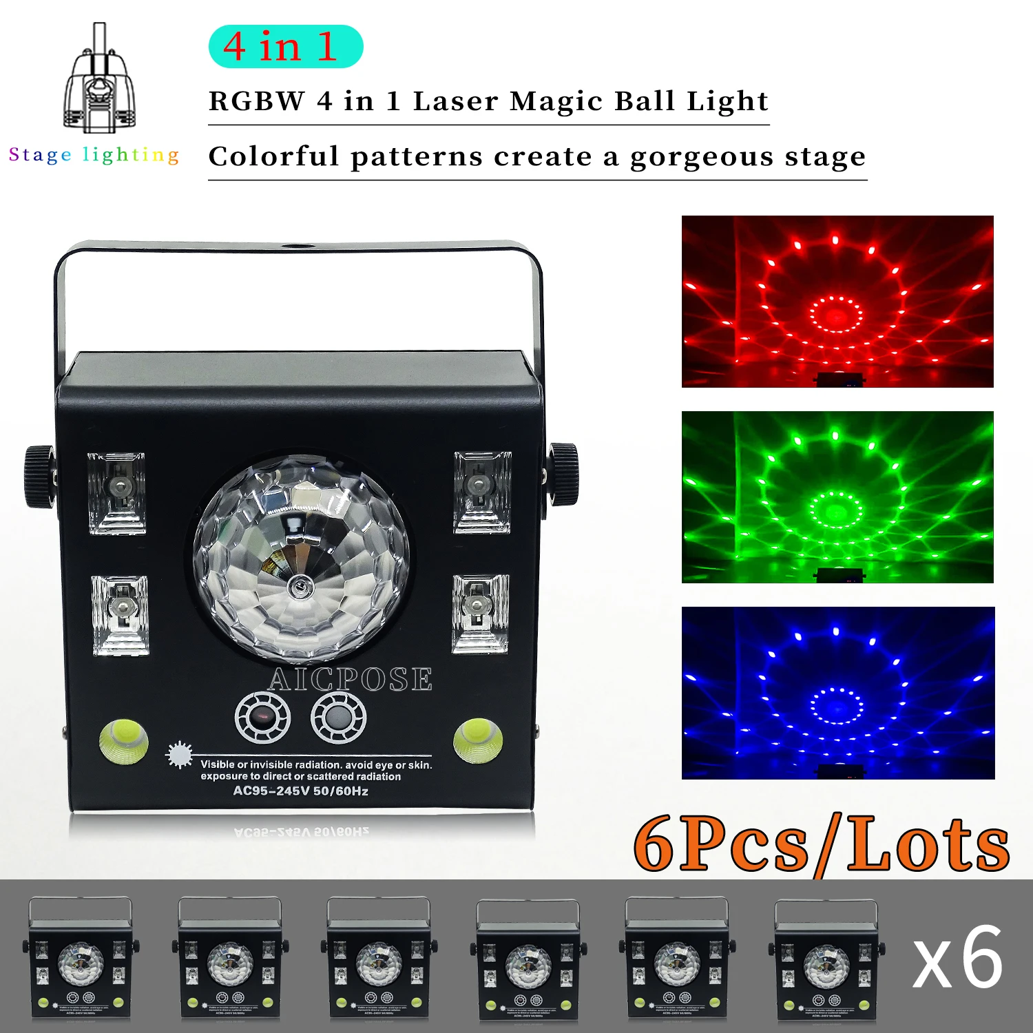 

Лазерный прожектор 6 шт./лот 4 в 1, светодиодный стробоскоп, лазерный волшебный шар RGBW, светильник щающийся световой узор для вечеринки, диско...