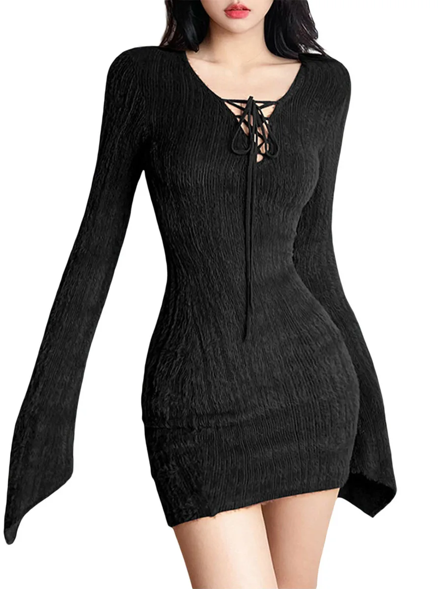 

Women Long Sleeve Bodycon Sweater Dress Solid Color Slim Fit Knit Bandage Hip Dress Vintage Summer Pencil Mini Dress