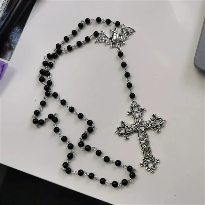 

Gothic Hand Beaded rosary Necklace Featuring a bat Centerpiece and Floral Crucifix Charm.Occult Vampicer Goth Jewelry Gift