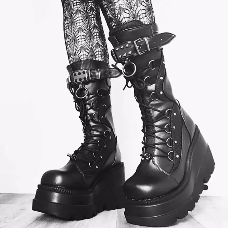 2022 Punk Style Metal Buckle Thick Soled Mid Length Boots Motorcycle Wedge Heel Mid Tube Rider Boots
