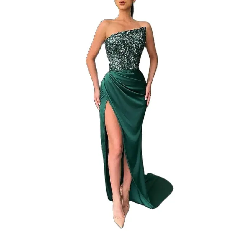 

PAFFAS Sexy High Split Formal Evening Dress Sparkly Prom Dresses With Sequins Strapless Sleeveless Court Train Satin Slit