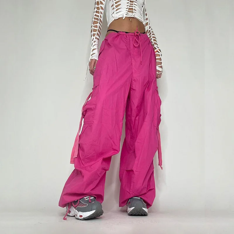 

Harajuku Pink Casual High Waist Cargo Pants Sexy Women with Sashes Korean Fashion Long Trousers Ladies Pockets Strips Streetwear