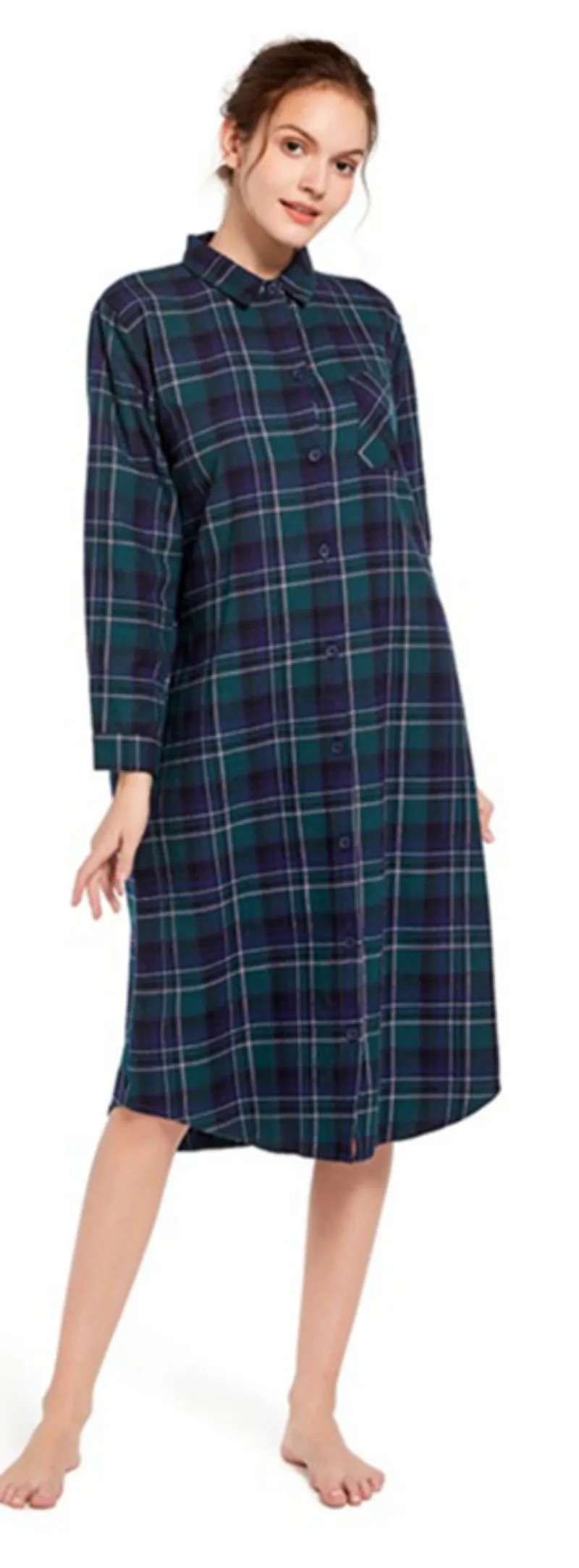 Autumn Women's Plaid Retro Nightwear Polyester Comfortable Slim Fitting Lapel Outwardly Wearable Pajamas Length To The Shank