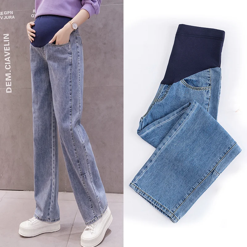 Women Jeans Autumn Denim Maternity Long Jeans Wide Leg Loose Straight Belly Pants Clothes for Pregnant Women Casual Pregnancy