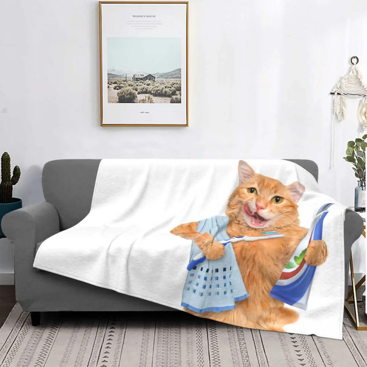 

3D Printed Cat Toothbrush Blanket Animal Cat Lover Flannel Novelty Warm Blanket for Chair Cover Sofa Upholstery
