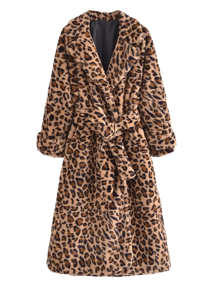 

2022 Women Autumn Winter Long Leopard Coat Vintage With Belt Female Elegant Warm Overcoat
