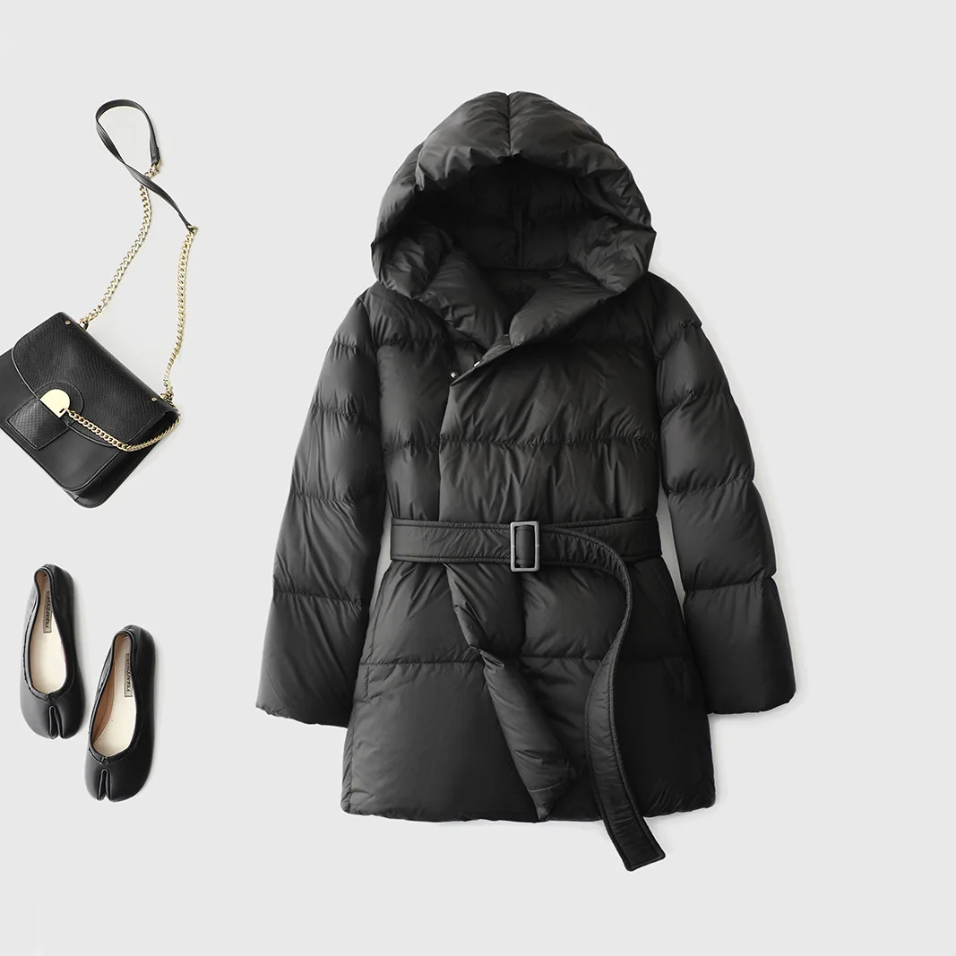 Down Jacket New National Standard 90 White Duck Down Hooded Belt Female One Hand Long Waist Thickening Fashionable Jacket