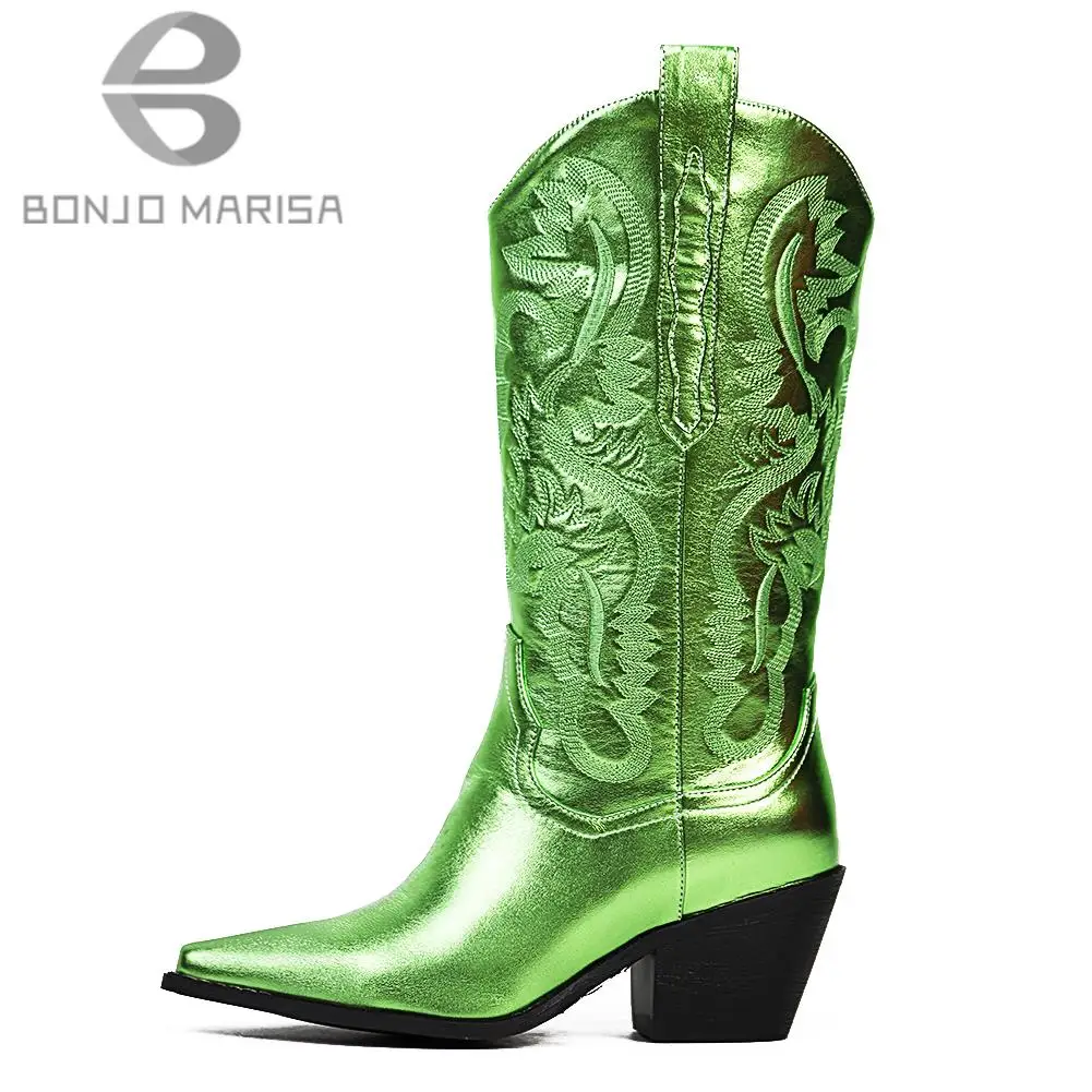 BONJOMARISA Cowgirls Cowboy Pink Metallic Western Boots For Women Pointed Toe Stacked Heeled Pull On Mid Calf Boots Brand Design images - 6