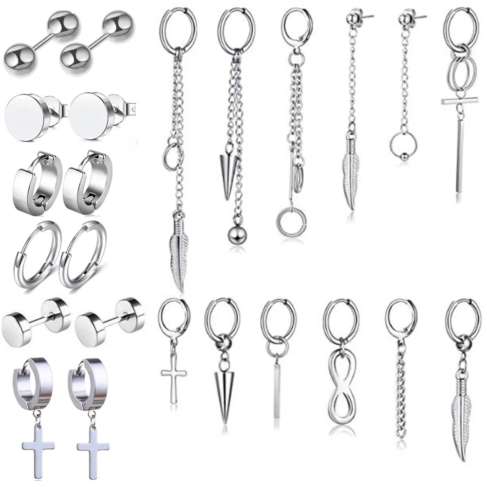 

24 Pcs Silver Earrings for Men Silver Stud Earrings Mens Earrings Stainless Steel Dangle Hoop Earrings Fashion Jewelry Piercing