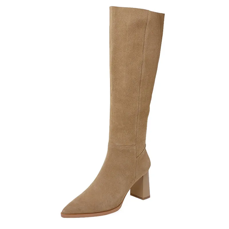 

Women's Boots Quality Suede Leather Knee High Boots Flock Fashion High Heel Autumn Winter Khaki Long Tall Shoes