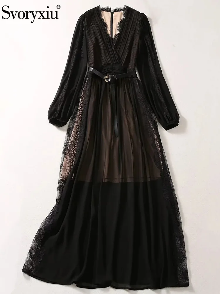 

Svoryxiu New Fashion Designer Spring Vintage Black Color Lace Ankle-Length Dress Women's Sexy V-Neck Sashes High Waist Dress