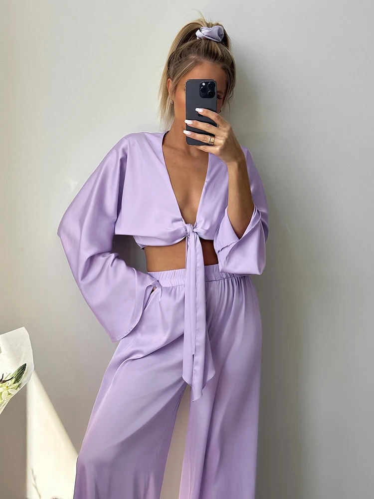 

Hiloc Purple Satin Sleepwear Long Sleeve Crop Tops V-Neck Sexy Pajamas High Waist Home Suit For Women Sets Lacing Women's Suit