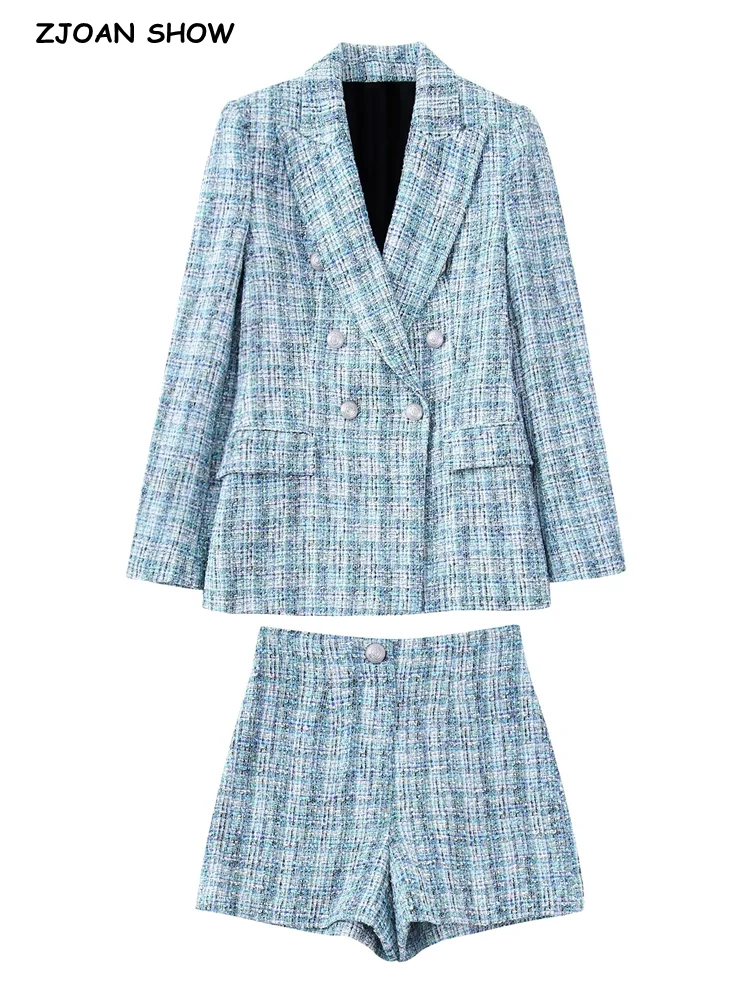 

2022 Autumn Matching Set Mix Blue color Plaid Women Cropped Tweed Blazer High Waist Mini Shorts Suits Ladies 2 Piece 1 Sets