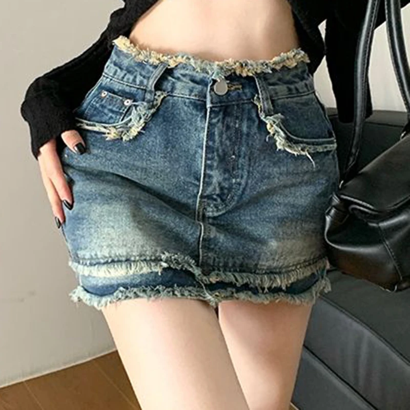 Spicy Girls Retro Denim Skirt Women's Spring and Autumn New Fur Heel Skirt A-line  Pants Skirt  korean style