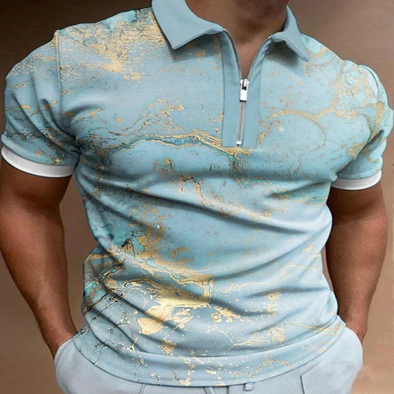 

Vintage Art Marble 3D Print Polo Zipper Short Sleeve Shirt for Men