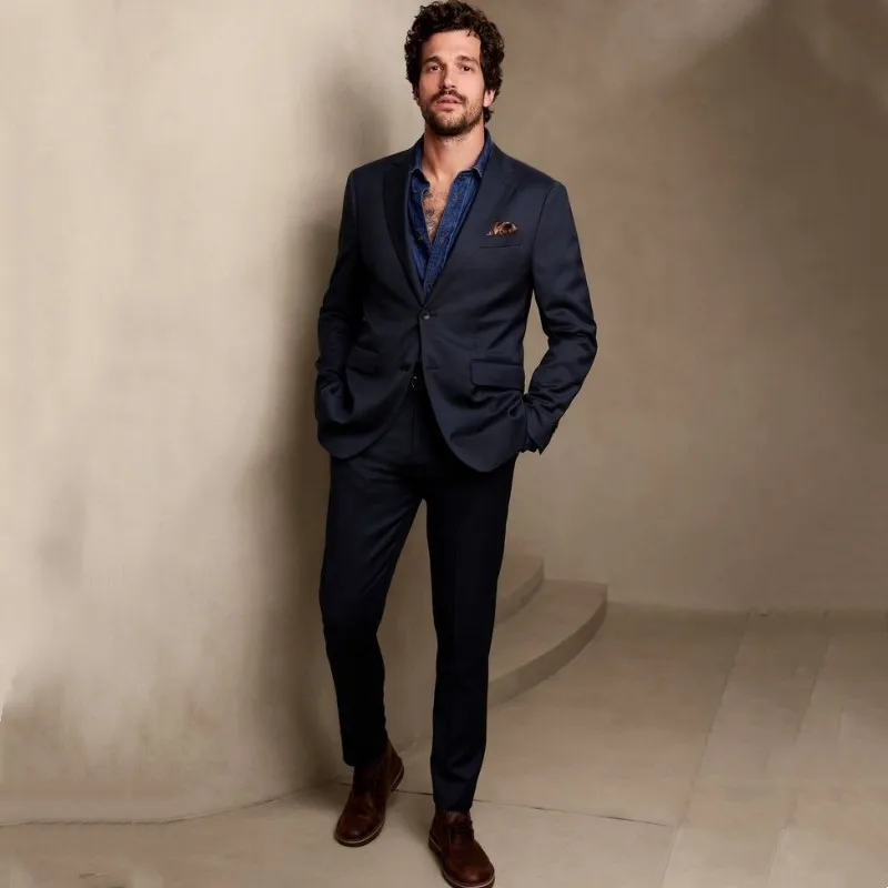 Men Suit Two Piece Set Solid Color Slim Fit Single Breasted Fashion Lapel Trousers Business Suit Casual Party Dress 2023