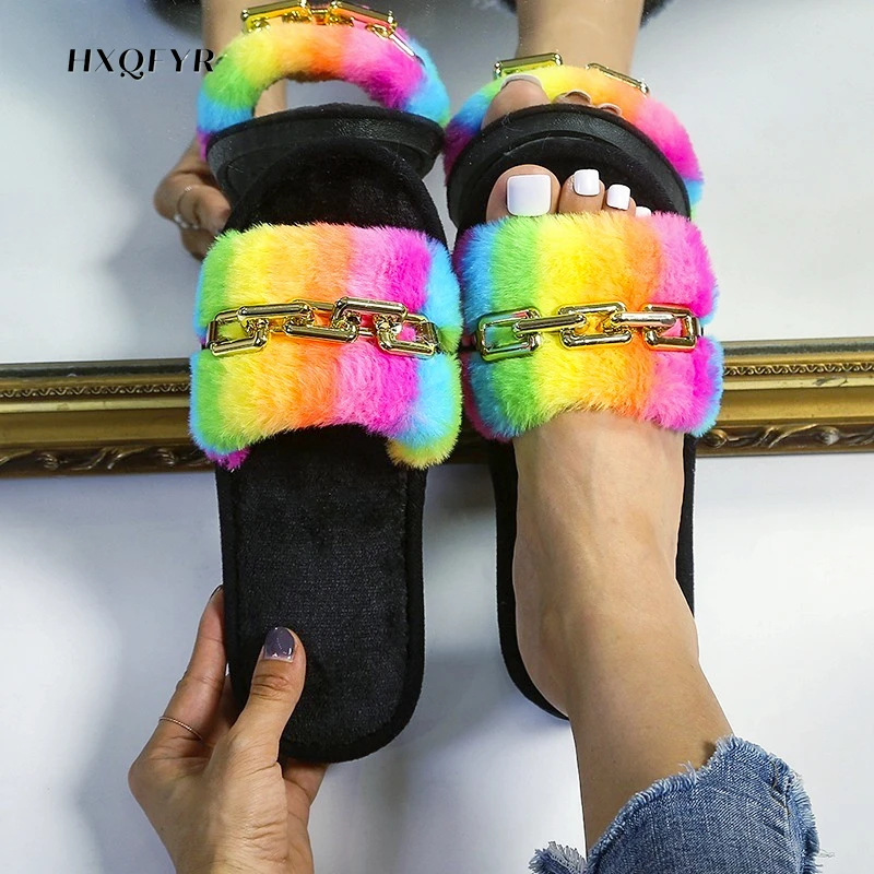 

Women's Slippers 2022 New Women's Flip Flops Plush Women's Chain Rainbow Shoes Women's Flat Round Head Comfortable Shoes