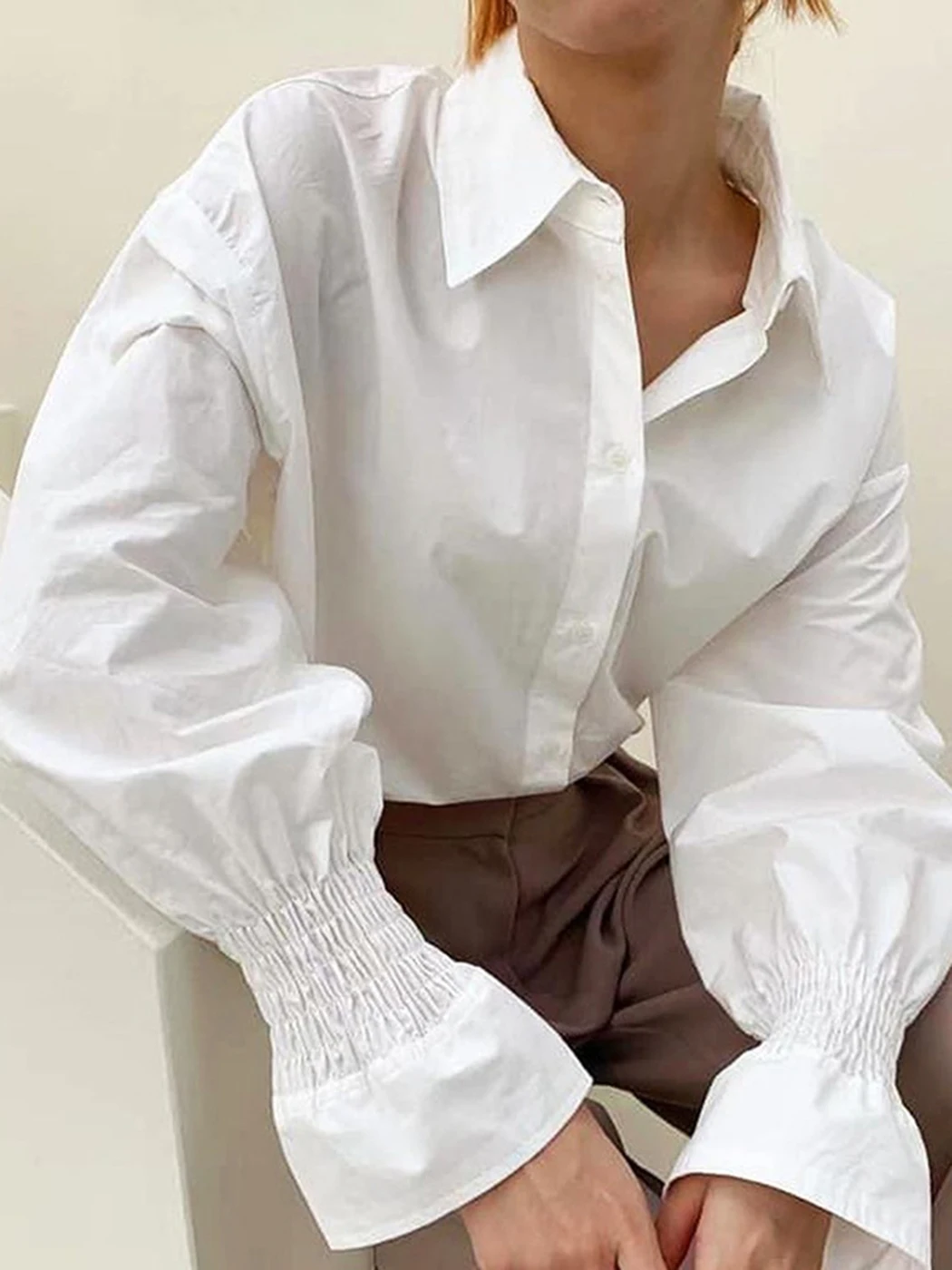 

New Solid Flare Sleeve Shirts Women Spring Chic Turndown Collar Retro White Blouse Fashion Single Breasted Cardigan Top Female