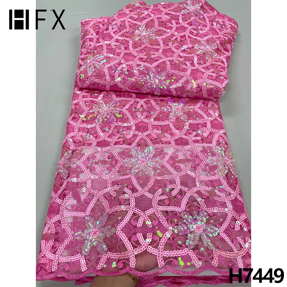 Fushia Pink Sequin Lace Fabric High Quality African 3D French Tulle Lace Fabric 2022 Embroidery Mesh Multicolor Net Lace F7449