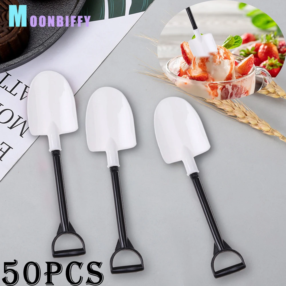 

50pcs/SET Plastic Disposable Mini Shovel Spoon Potted Ice Cream Cake Spoon for Kids Dessert Tea Coffee Spoons Party Supplies