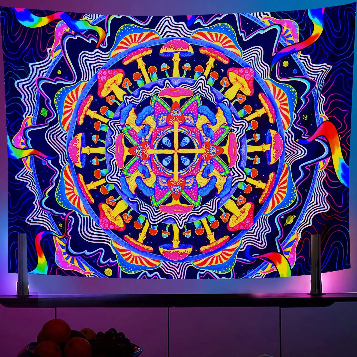 

Blacklight Mandala Mushroom Tapestry Trippy Glow In The Dark UV Reactive Psychedelic Tapestries Wall Hanging Backdrop Room Decor