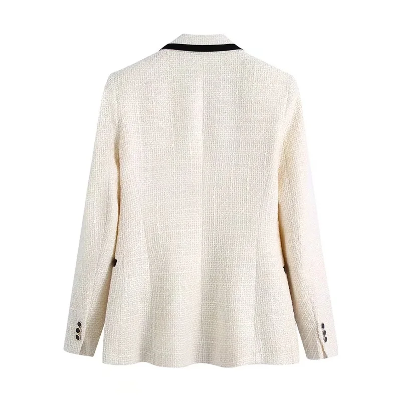 Retro Women Blazer    2023 Fashion With Contrast Piping Tweed Blazer Coat Vintage Long Sleeve Pockets Female Outerwear Chic Tops