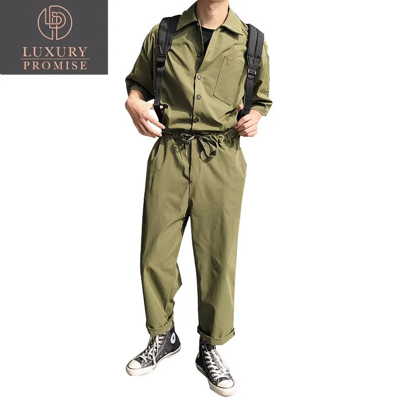 

Short Sleeve Hip Hop Collar Japanese Retro Men's Suit Overalls 2023 Solid Color Thin Section Nine-Piece Jumpsuit