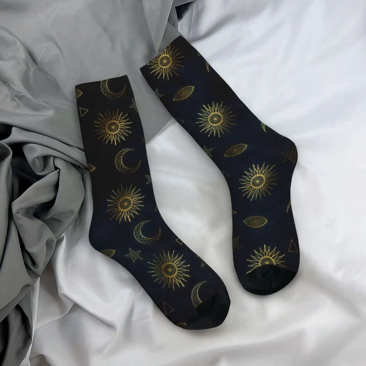 

Magical Symbol Socks Gold Moon Sun Stars Unisex Crazy Mid Stockings Large Chemical Fiber Comfortable Hiking Socks