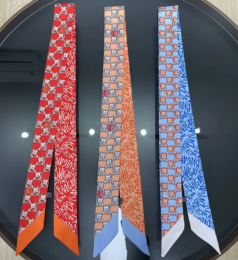 

Korean Style Small Tiger Print Women Fashion Skinny Small Bag Twill Silk Scarf Ribbon Head Hair Handle Tie Scarf For Women