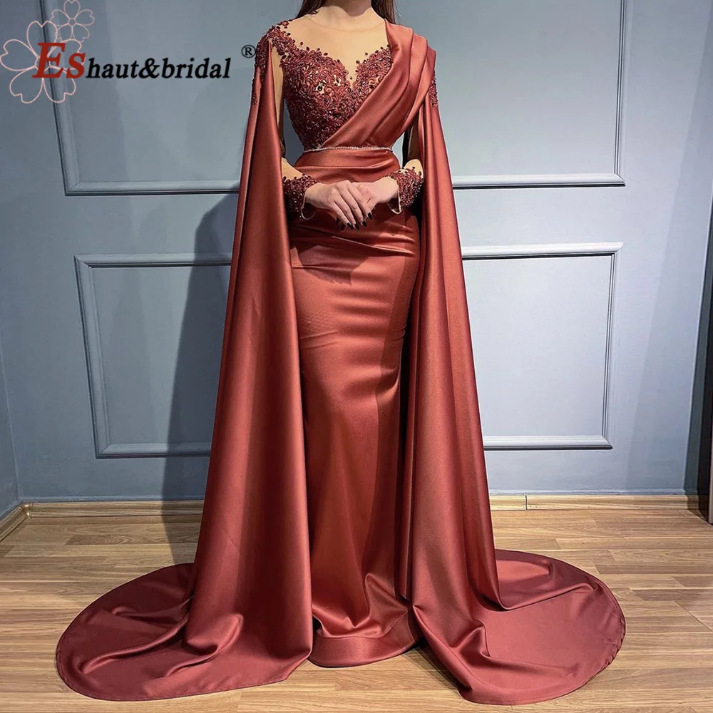 

Elegant Muslim Mermaid Evening Night Dresses 2022 Long Sleeves O Neck Lace Applique Beads Formal Prom Wedding Party Gowns