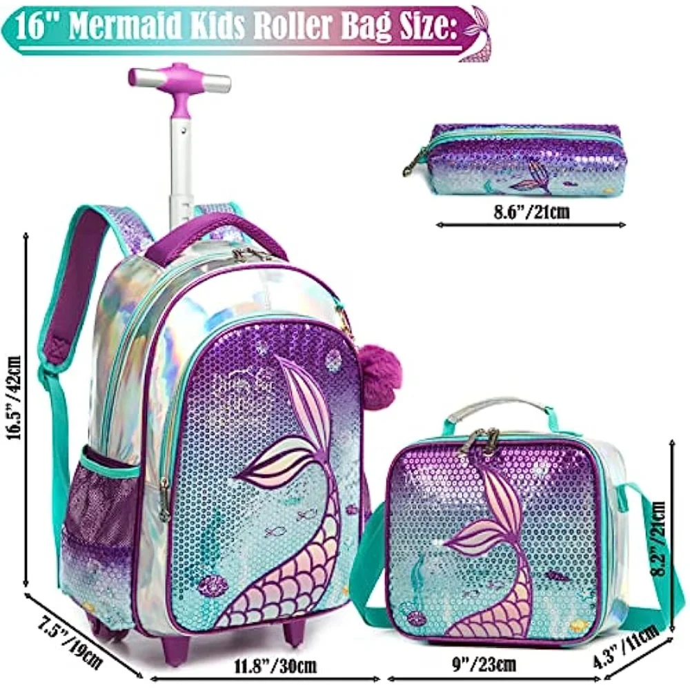 BIKAB Mermaid Rolling Backpack for Gilrs Backpacks with Wheels for Elementary School Bag Trolley Trips Luggage with Lunch Box