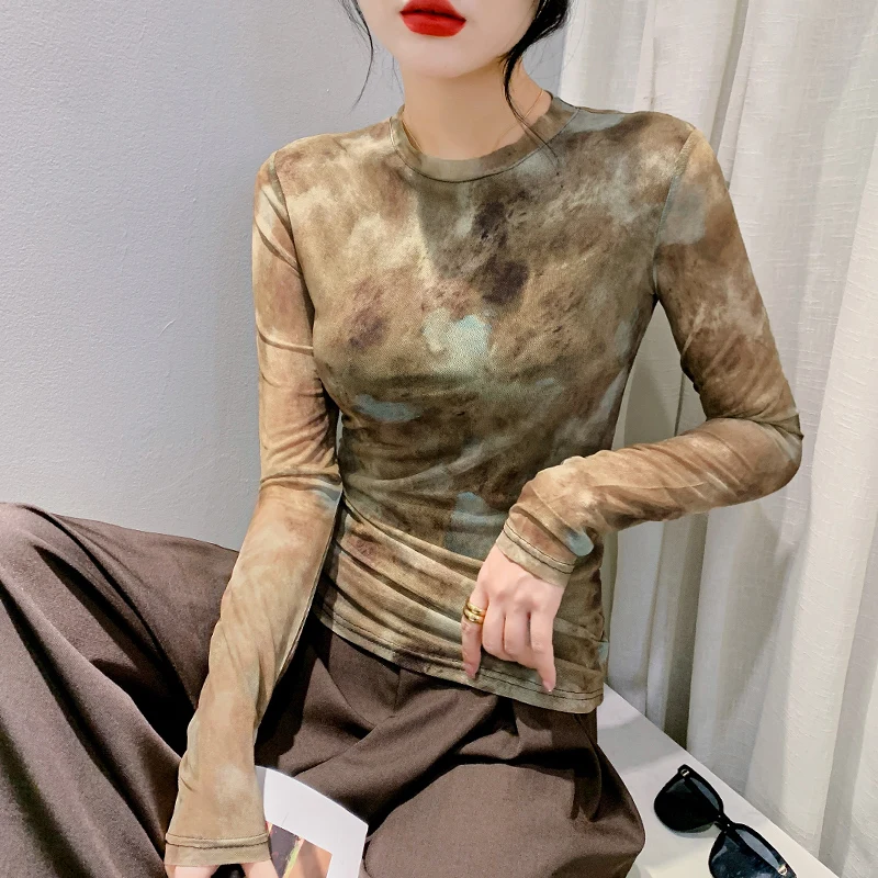 #8636 весенне-осенняя Сетчатая футболка с принтом Женская винтажная облегающая