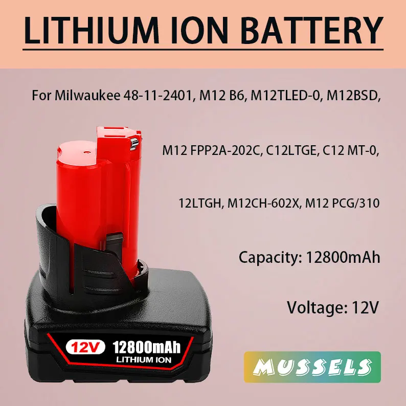 

12V 12800mah lithium ion battery for Milwaukee M12 C12 XC 48-11-2440 48-11-2402 48-11-2411 48-11-2401