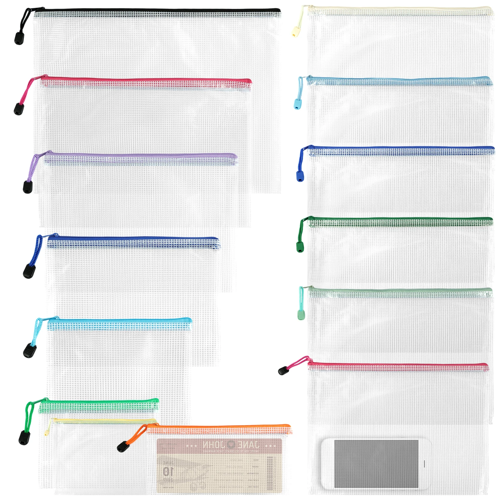

30/24Pcs Zipper File Bags 8 Sizes and Colors Mesh Zipper Pouch Waterproof A4 Document Bag Portable Foldable Plastic Zip Folder