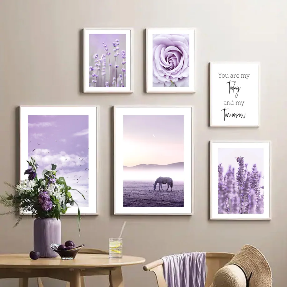 Фиолетовая лаванда цветок океан женщина лошадь цитаты настенное искусство холст