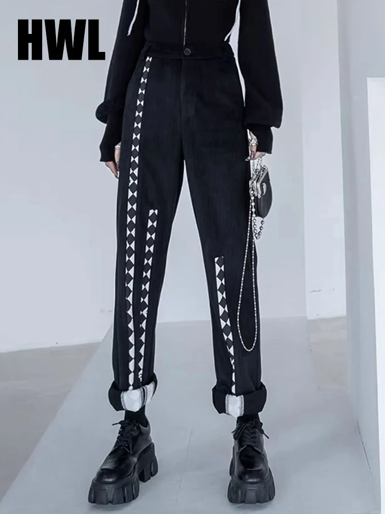 

Black White Lattice Asymmetric Cargo Pants Patchwork Casual Streetwear Pants Women 2022 New Niche Straight Pants