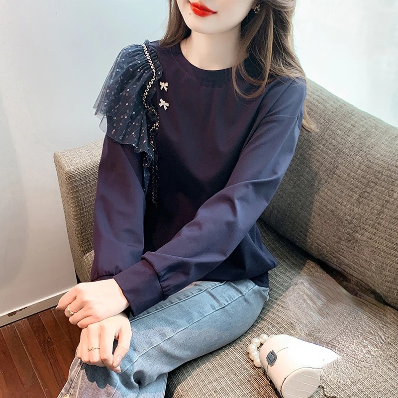 

Женский сетчатый пуловер с длинным рукавом и круглым вырезом