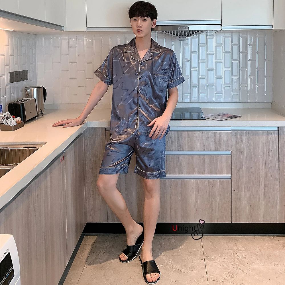 Мужской летний костюм из двух предметов атласная пижама с отложным воротником и