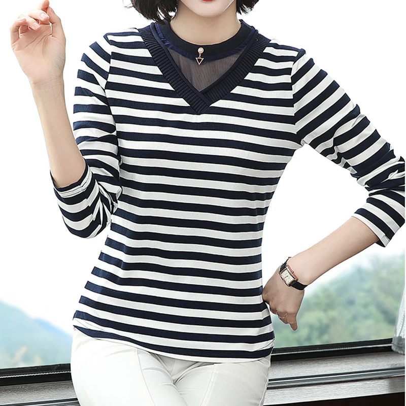 

2022 Ladies Striped T Shirts Long Sleeve Top Korean Fashion Womens Clothes Cotton Women T Shirt Spring Autumn New Poleras Mujer