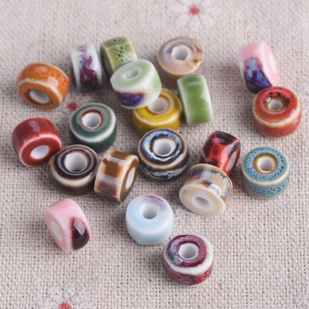 10pcs 10mm Flat Cylinder Rondelle Shape Handmade Flambed Glazed Enamal Ceramic Porcelain Loose Beads For Jewelry Making DIY
