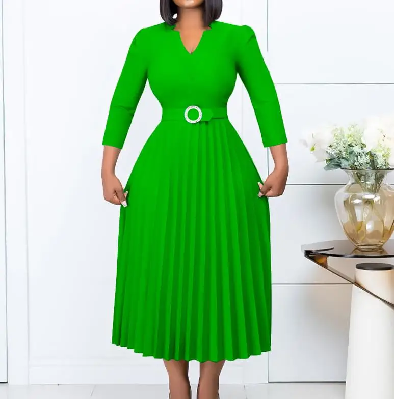 

Women's Dresses 2023 Autumn V-Neck Fashionable Elegant Pleated Dress Elegant Long Sleeve Casual Pullover Long Dress with Belt