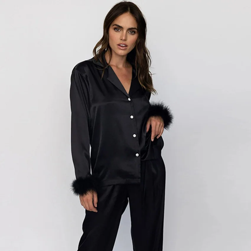 High Quality Women Pajama Set Designer Silk Long Sleeve Elegant Pajama Silk Set Costume Sleep Wear Women Feather Pajama