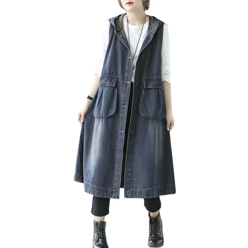 

Denim Vest Women New Autumn Korean Mid-length ded Button Loose Vintage Waistcoats Female Sleeveless Jeans Vest Women