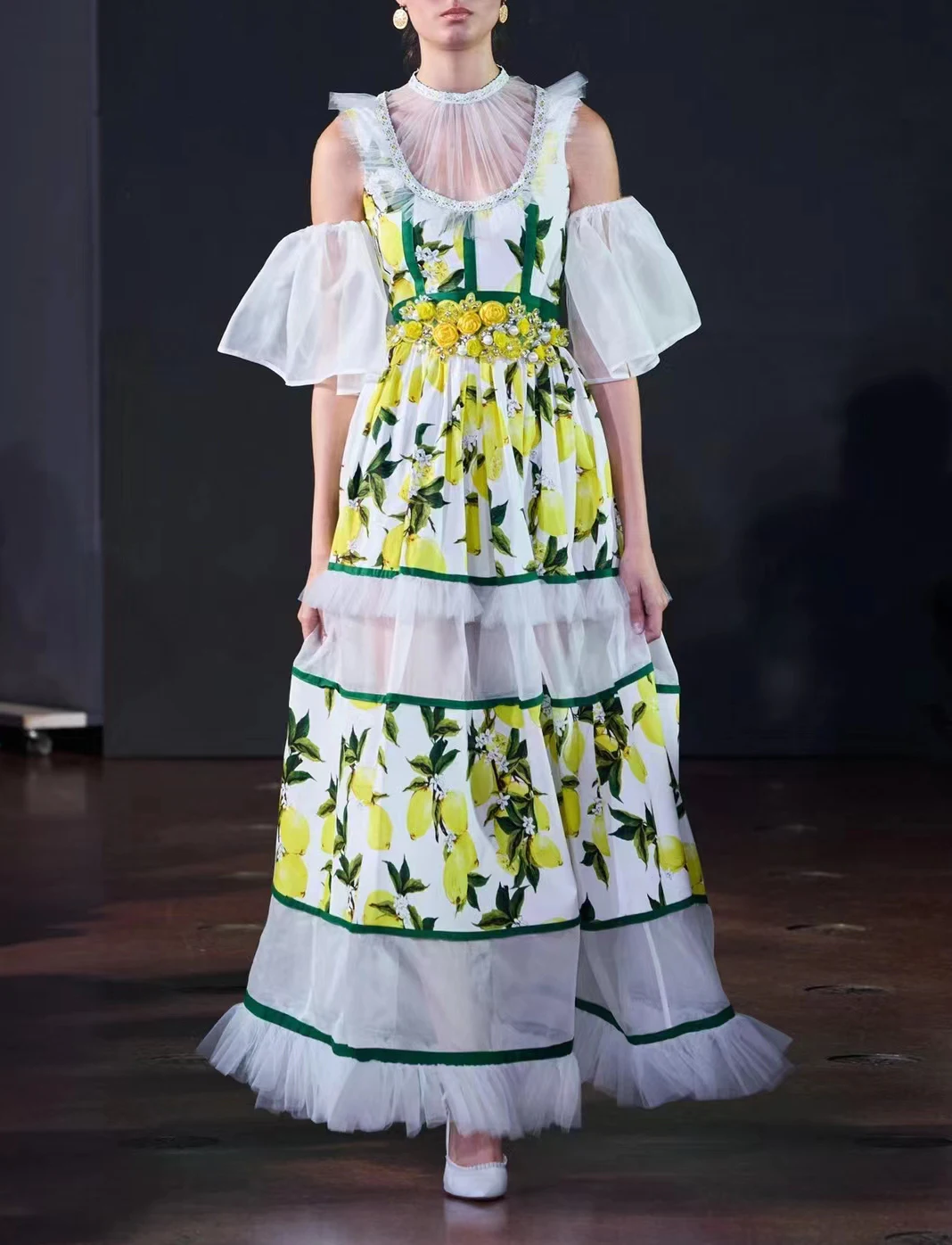 

Walk Show, с круглым вырезом, с открытыми плечами, с рукавами, осень 2023, женское платье с принтом лимона, 3D, украшенное стразами, с декоративной талией