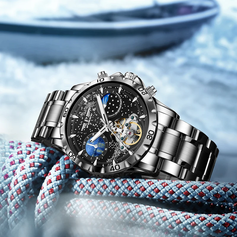 

Часы мужские автоматические водонепроницаемые с хронографом и коробкой