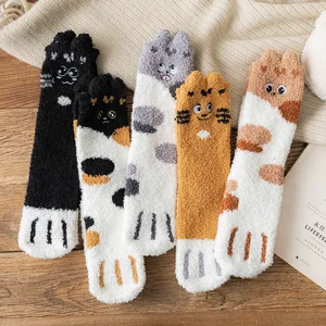 Winter Coral Fleece Cartoon Dog Cat Java Kawaii Socks Women Home Sleep Socks 3D Thickened Warmth Plush Home Floor Funny Socks